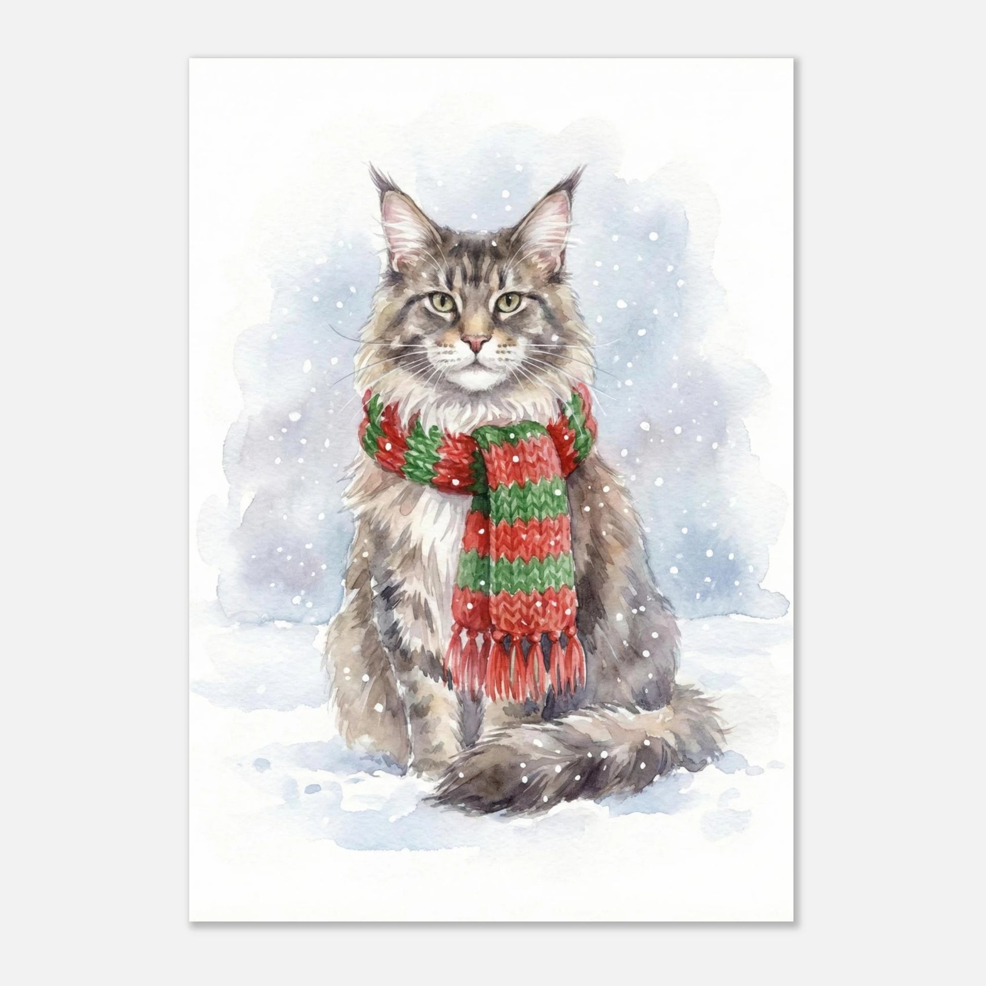 Vintermotiv med Maine Coon-katt i snölandskap, handmålad illustration