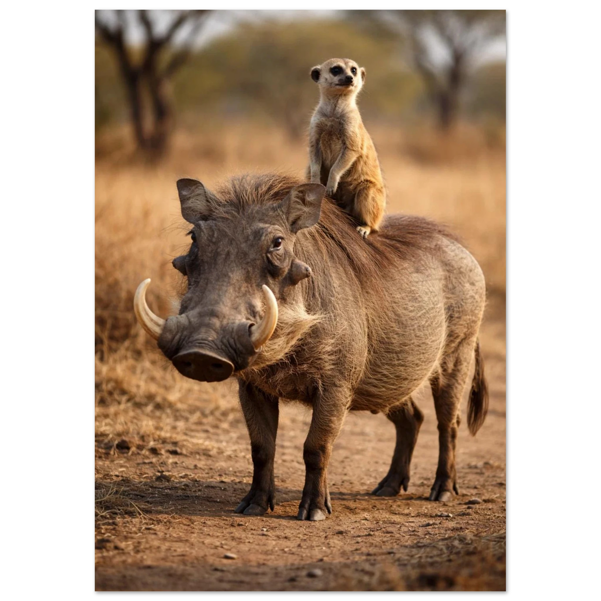Vårtsvin med surikat på ryggen i varmt kvällsljus – Fotorealistisk poster