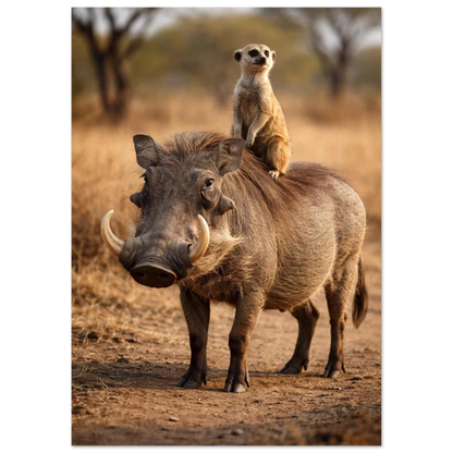Vårtsvin med surikat på ryggen i varmt kvällsljus – Fotorealistisk poster