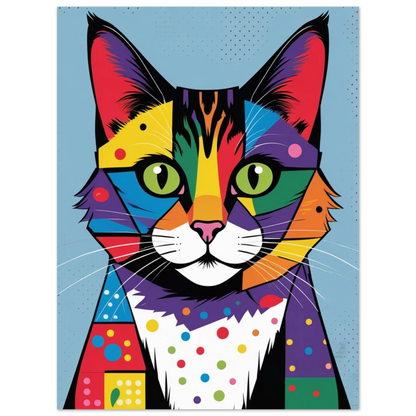 Kreativt kattmotiv med starka färger och grafiska former för modern inredning
