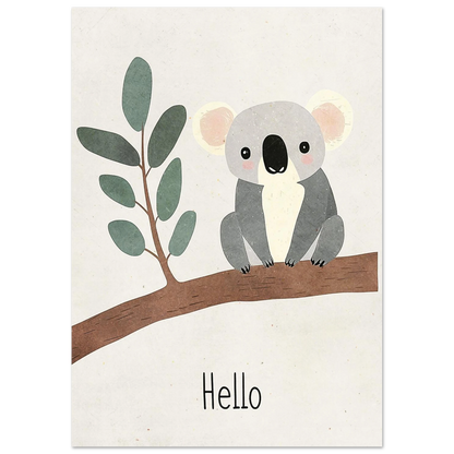 Vänlig koala som sitter på en trädgren, grafisk barnrumsposter med text