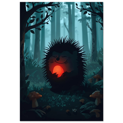 Illustration av en igelkott med glödande klot i mörk skog – djurposter