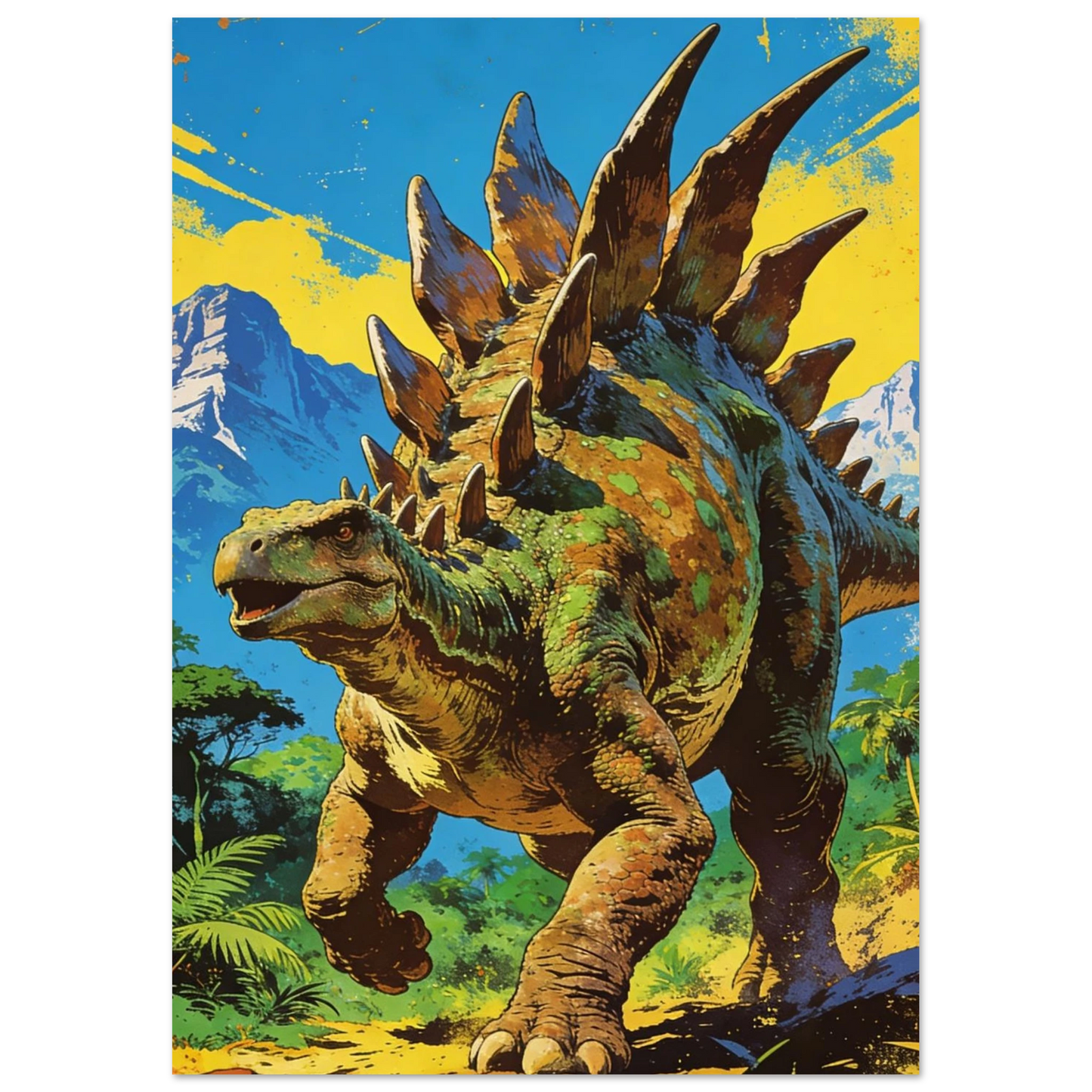 Retro Stegosaurus poster med detaljerat landskap och gröna nyanser