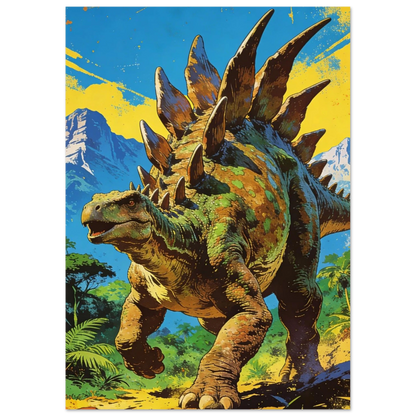 Retro Stegosaurus poster med detaljerat landskap och gröna nyanser