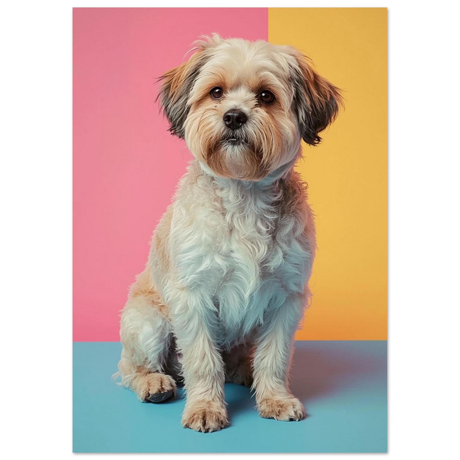 Stilren väggkonst föreställande en hund i lekfull pop art-stil
