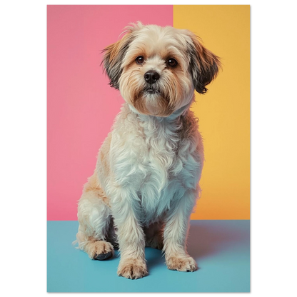 Stilren väggkonst föreställande en hund i lekfull pop art-stil