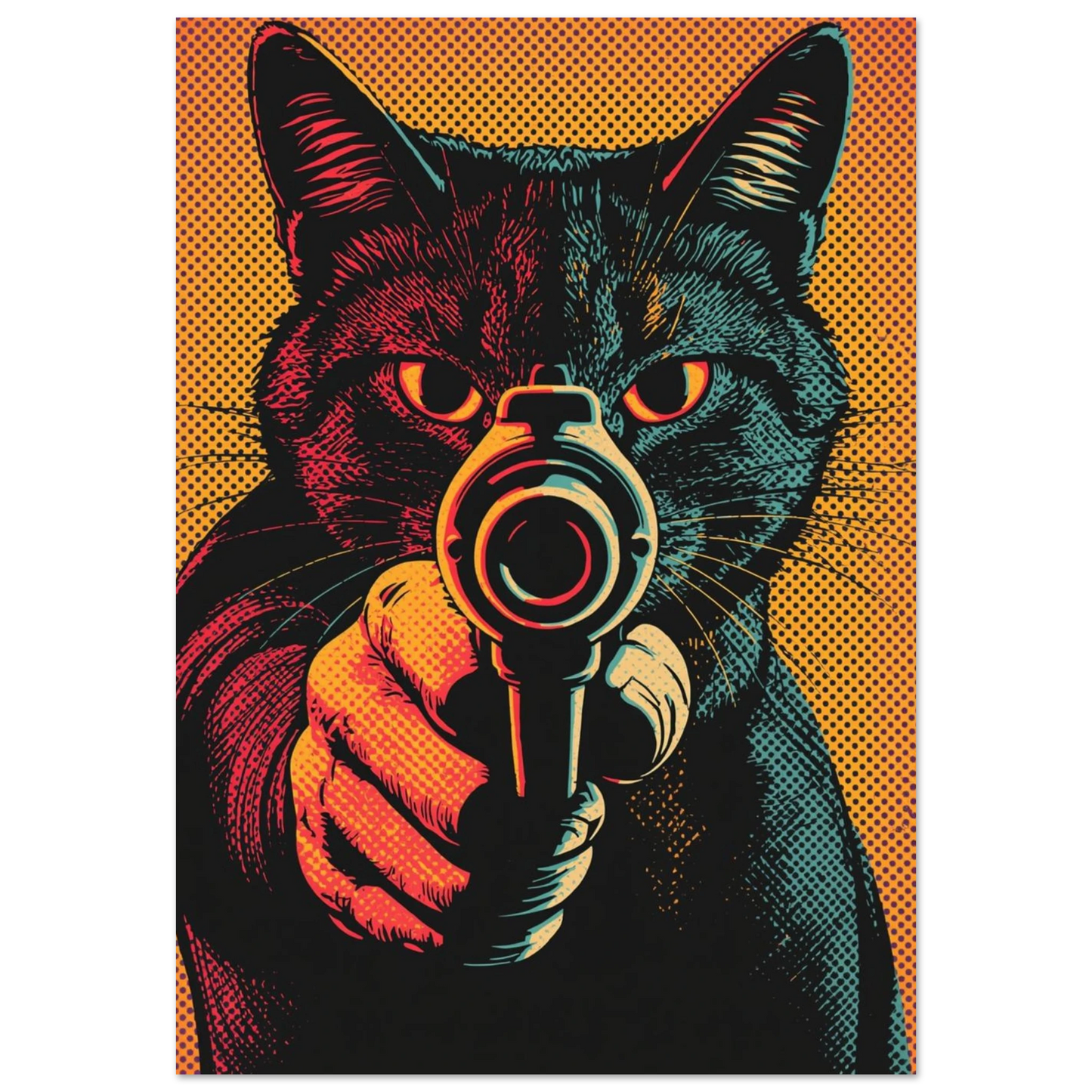 Svart katt med revolver i färgstark popkonststil med orange bakgrund