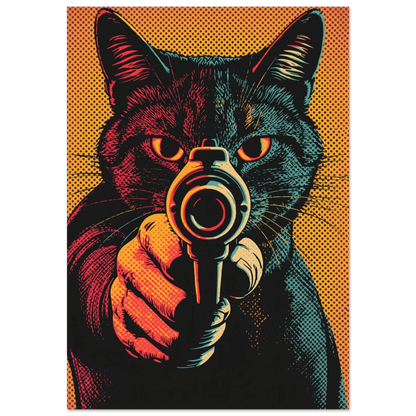 Svart katt med revolver i färgstark popkonststil med orange bakgrund