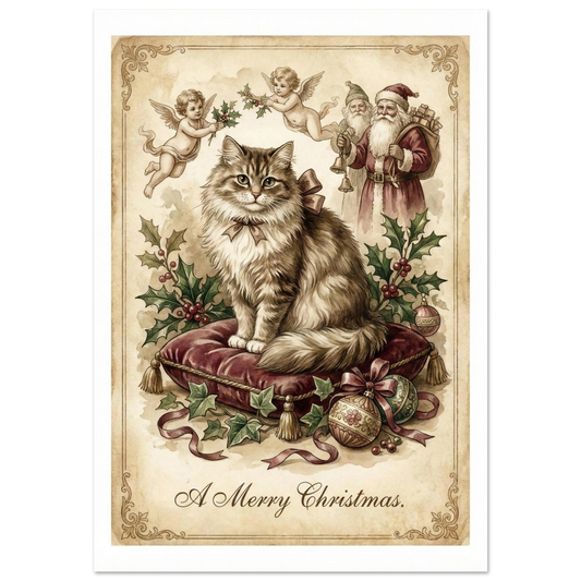 Långhårig katt på röd sammetskudde med jultomte och keruber – vintage julposter