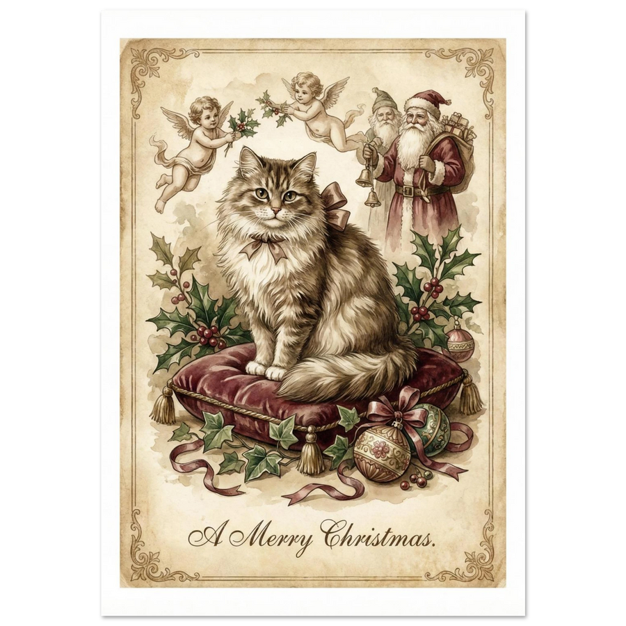 Långhårig katt på röd sammetskudde med jultomte och keruber – vintage julposter