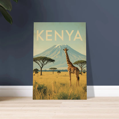 Vintage poster med giraff på savannen, Kilimanjaro i bakgrunden, Kenya.