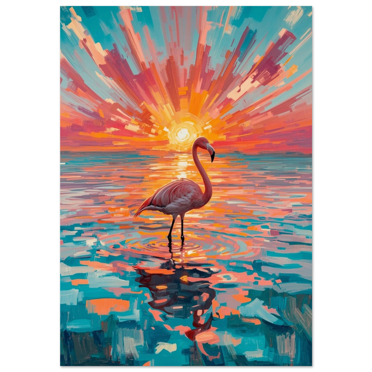Rosa flamingo i turkost vatten under en strålande orange solnedgång