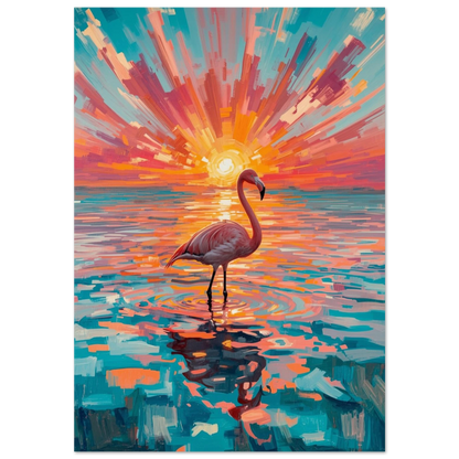 Rosa flamingo i turkost vatten under en strålande orange solnedgång