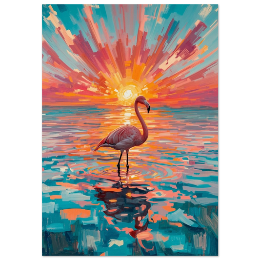 Rosa flamingo i turkost vatten under en strålande orange solnedgång