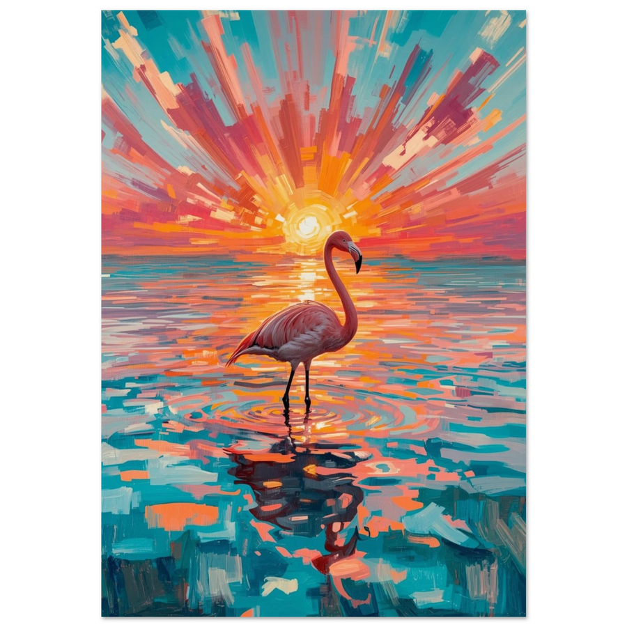 Rosa flamingo i turkost vatten under en strålande orange solnedgång