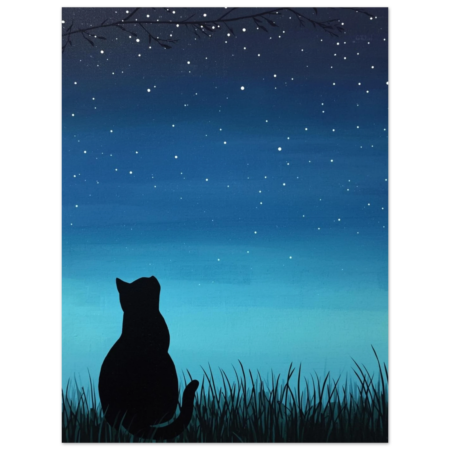 Minimalistisk illustration av katt i midnattsblått landskap med stjärnor