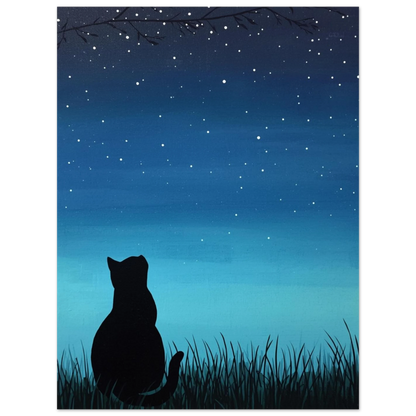 Minimalistisk illustration av katt i midnattsblått landskap med stjärnor