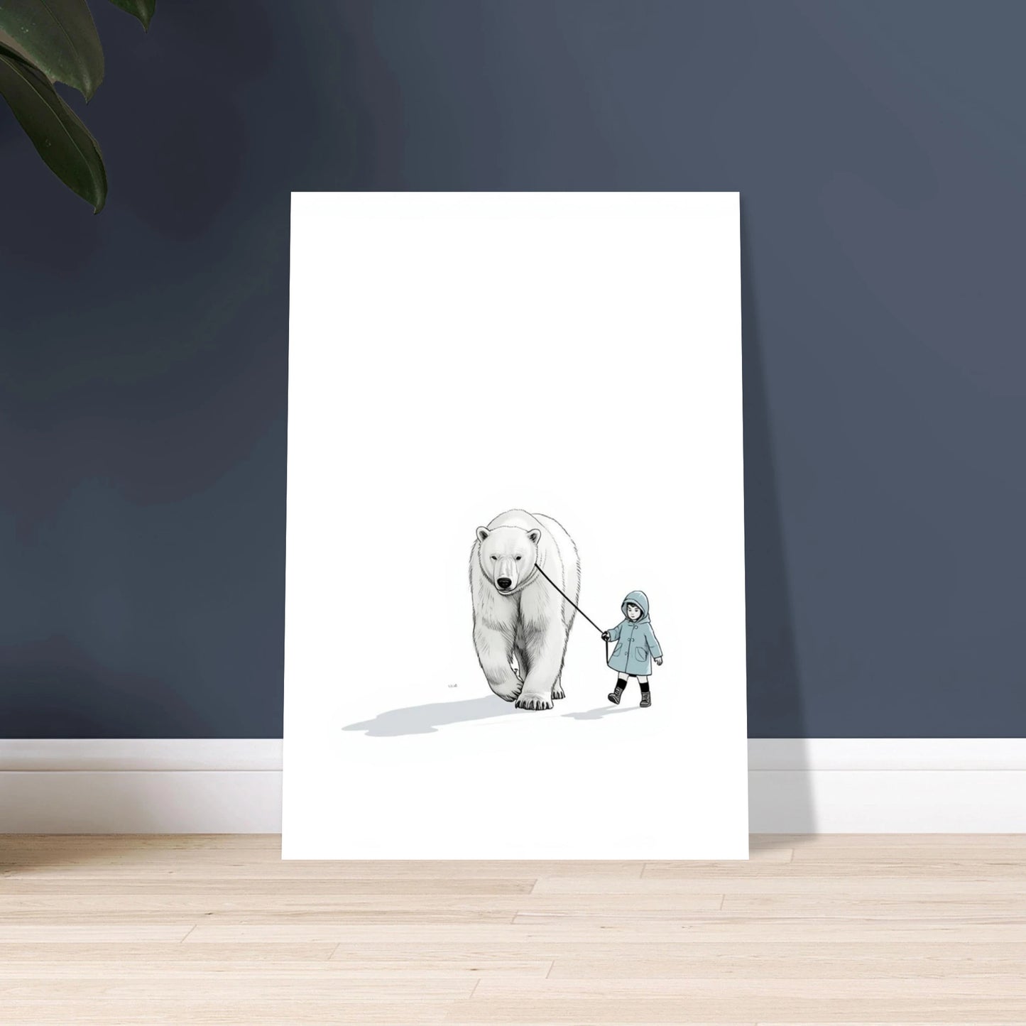 Isbjörn och barn på koppel i minimalistisk illustration