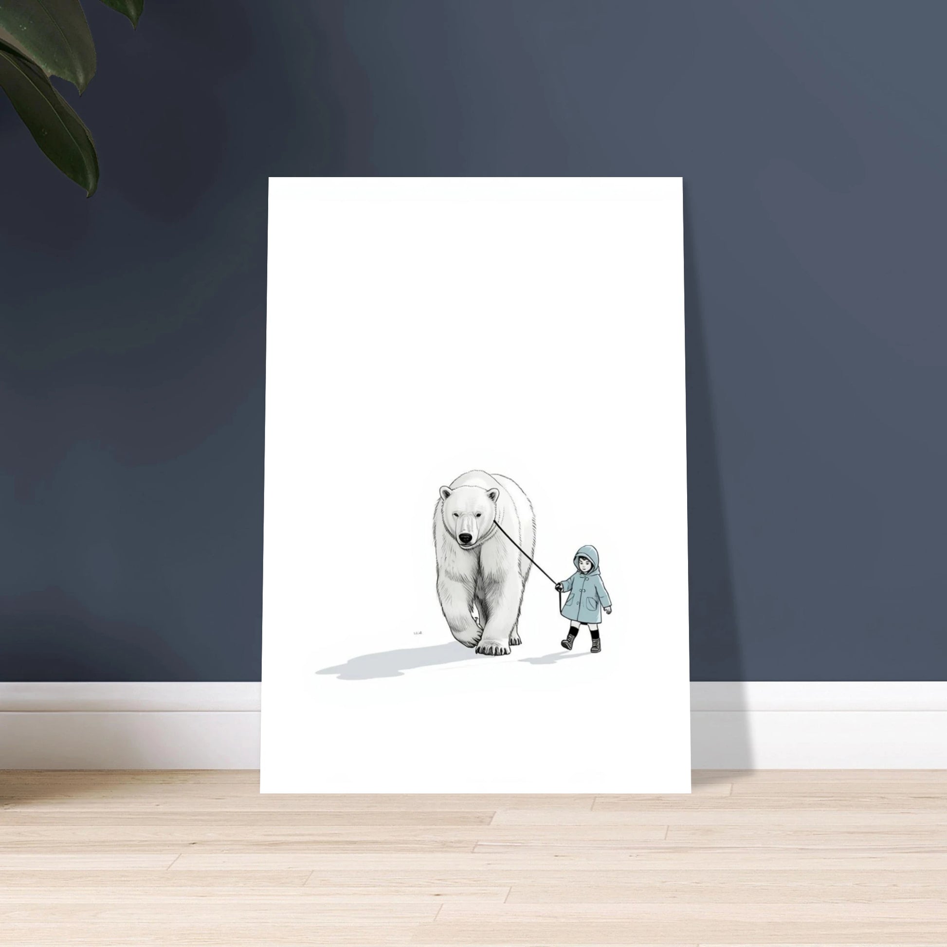 Isbjörn och barn på koppel i minimalistisk illustration