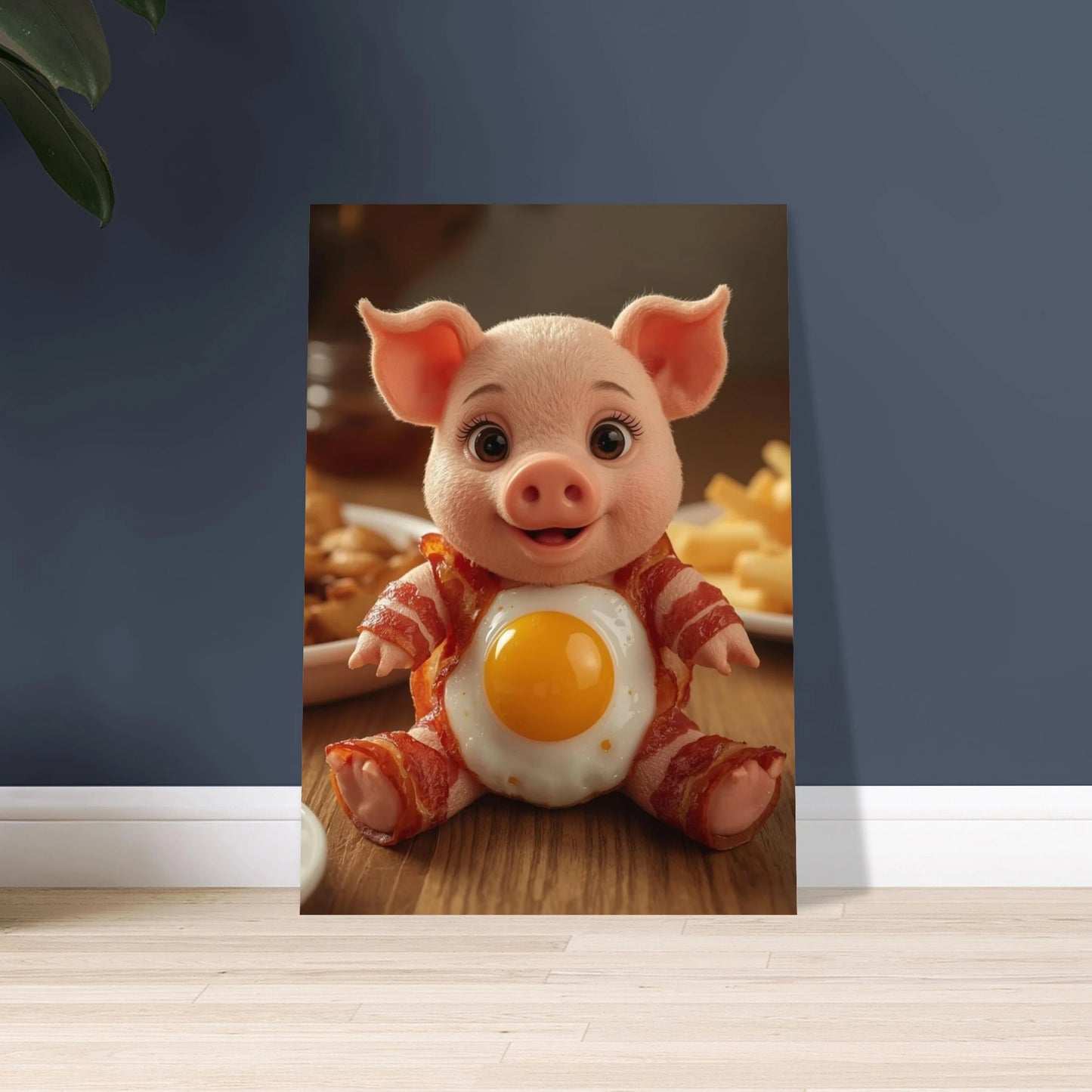 Söt grisfigur gjord av bacon och ägg, lekfullt motiv.