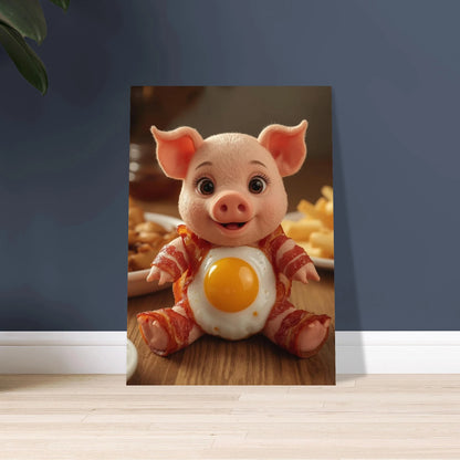 Söt grisfigur gjord av bacon och ägg, lekfullt motiv.