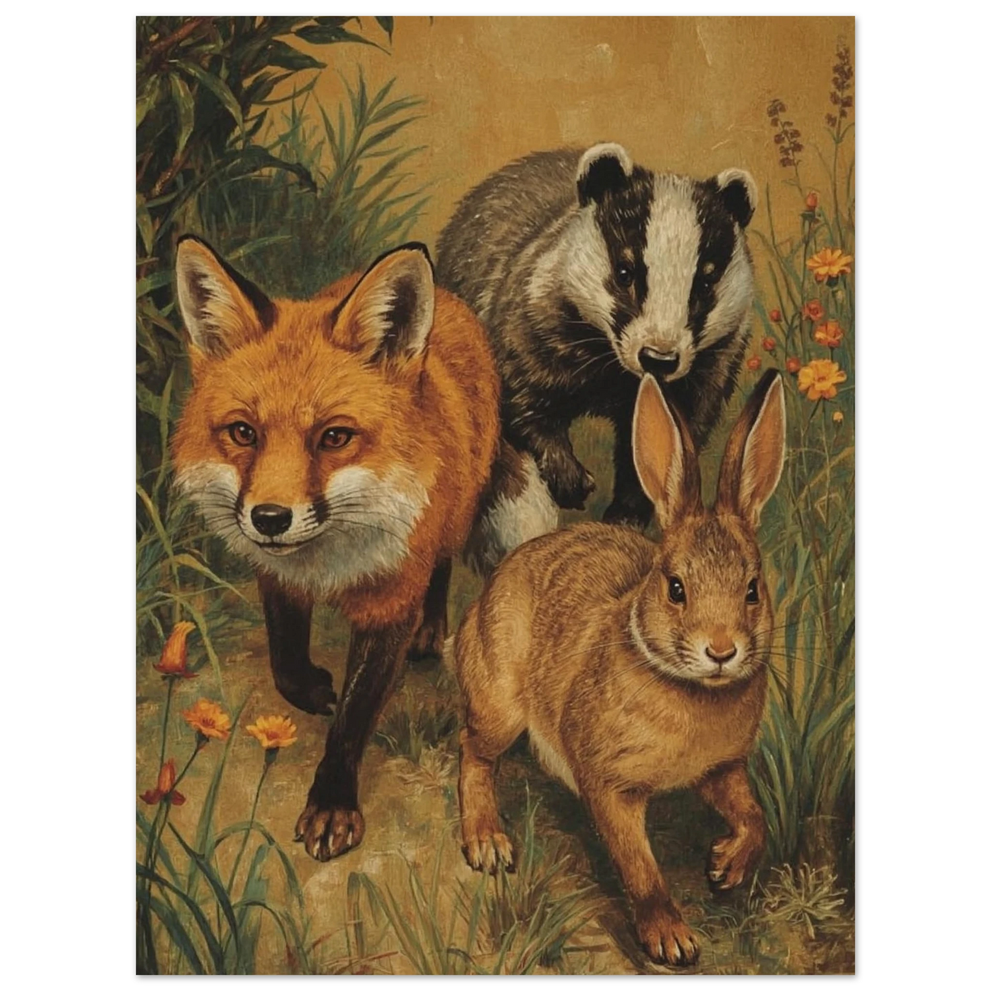 Konstnärlig målning av räv, grävling och hare bland blommor – Målad poster