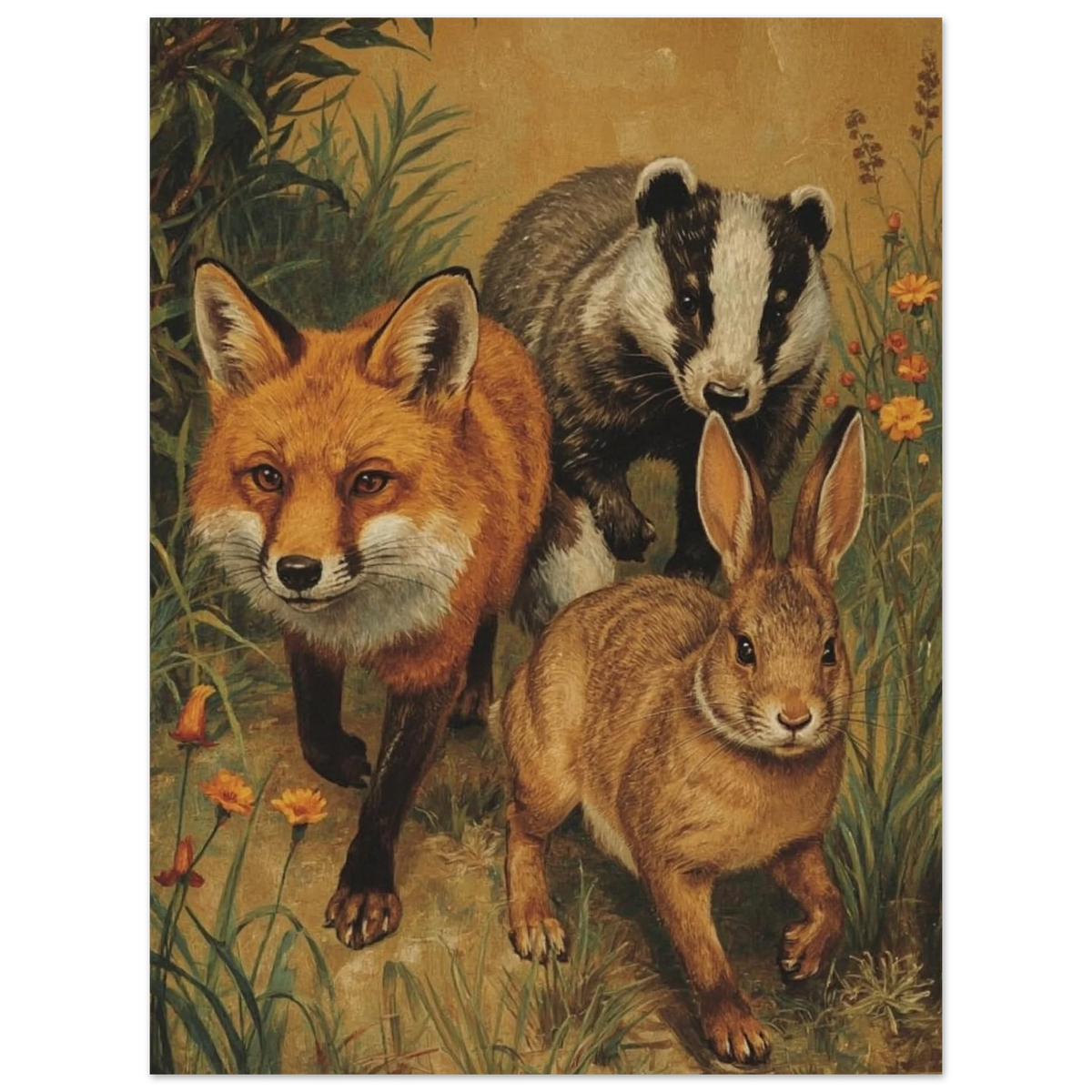 Konstnärlig målning av räv, grävling och hare bland blommor – Målad poster
