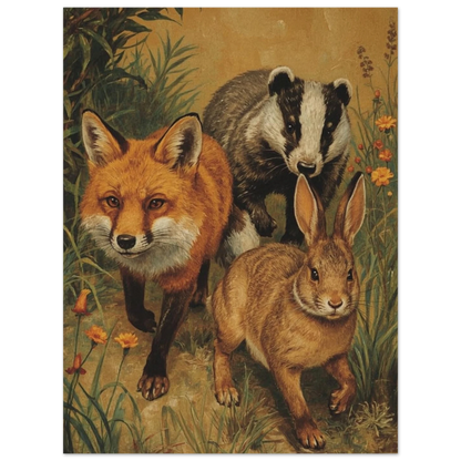 Konstnärlig målning av räv, grävling och hare bland blommor – Målad poster