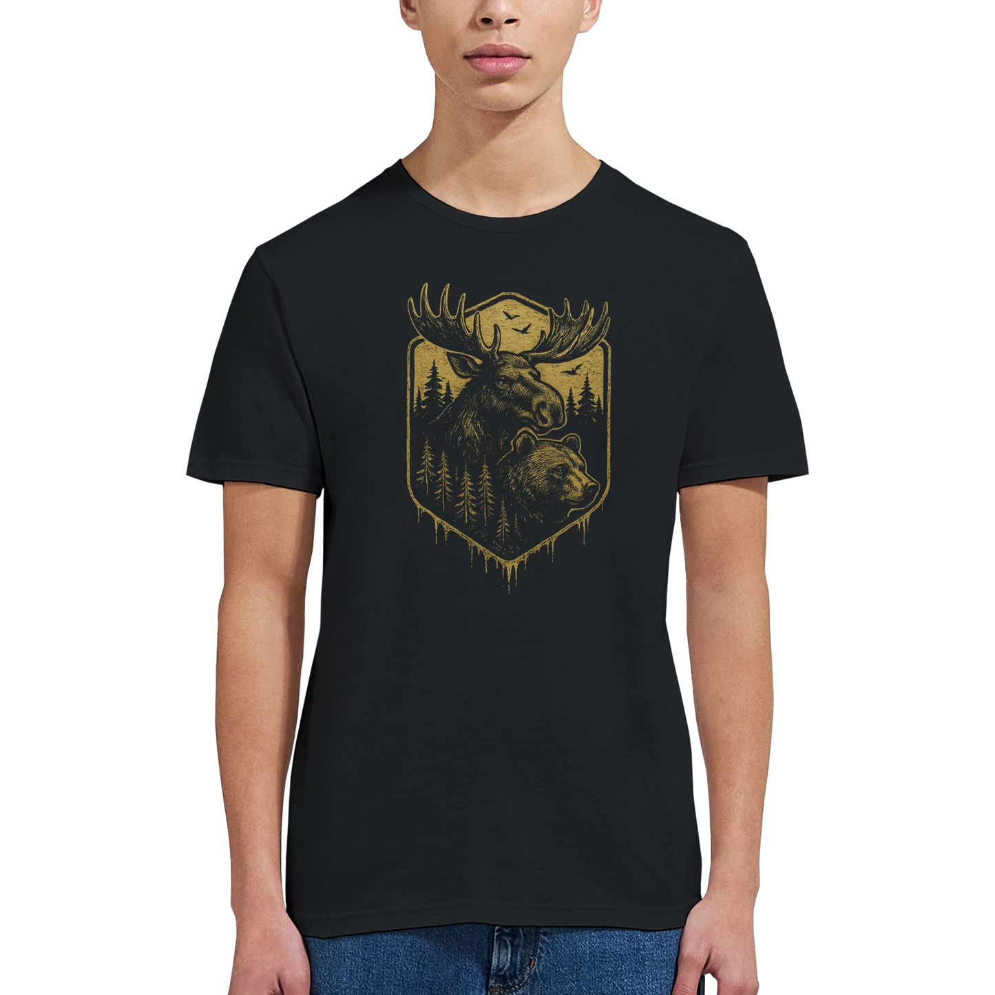 En stilren t-shirt med vildmarksmotiv föreställande björn och älg – Retro t-shirt