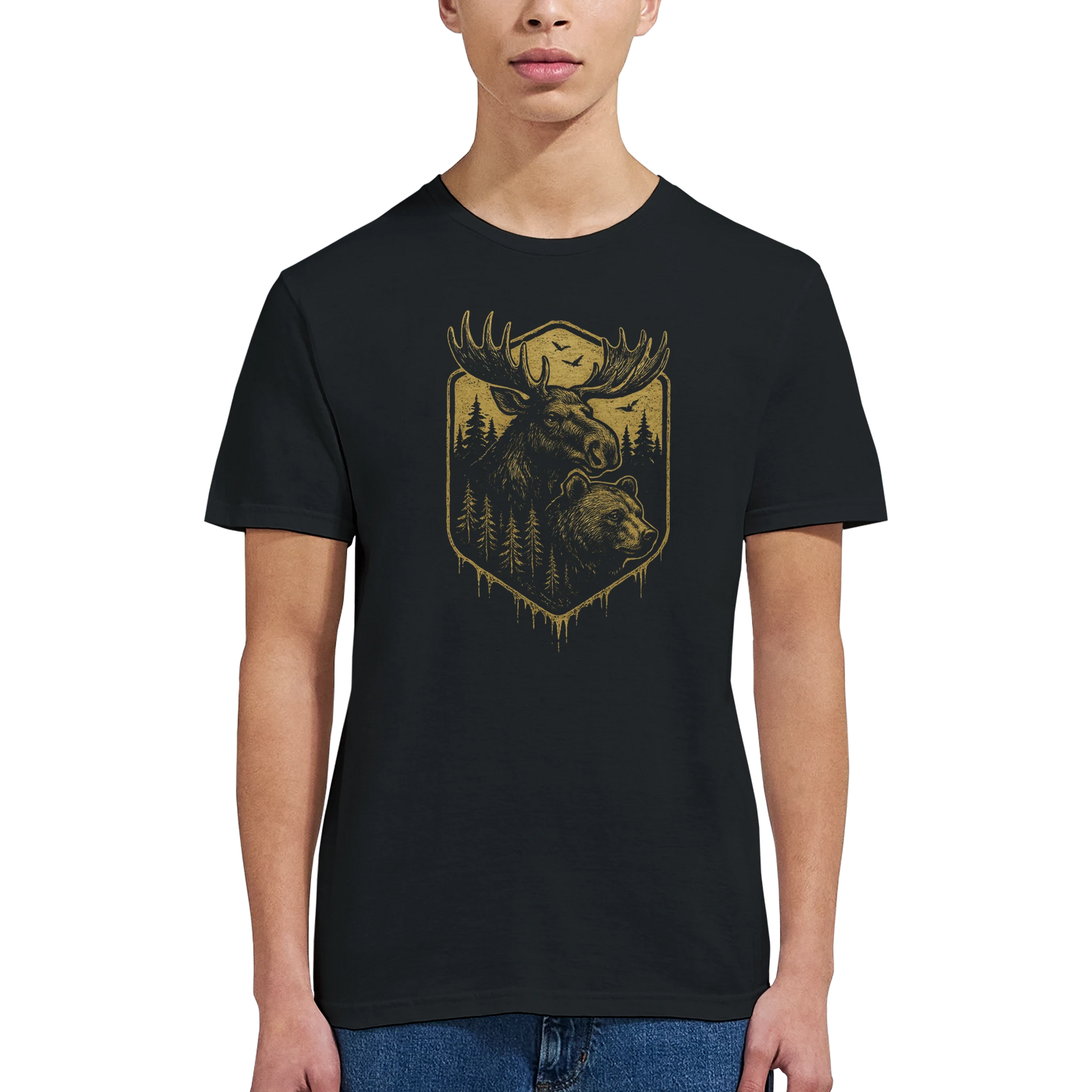 En stilren t-shirt med vildmarksmotiv föreställande björn och älg – Retro t-shirt