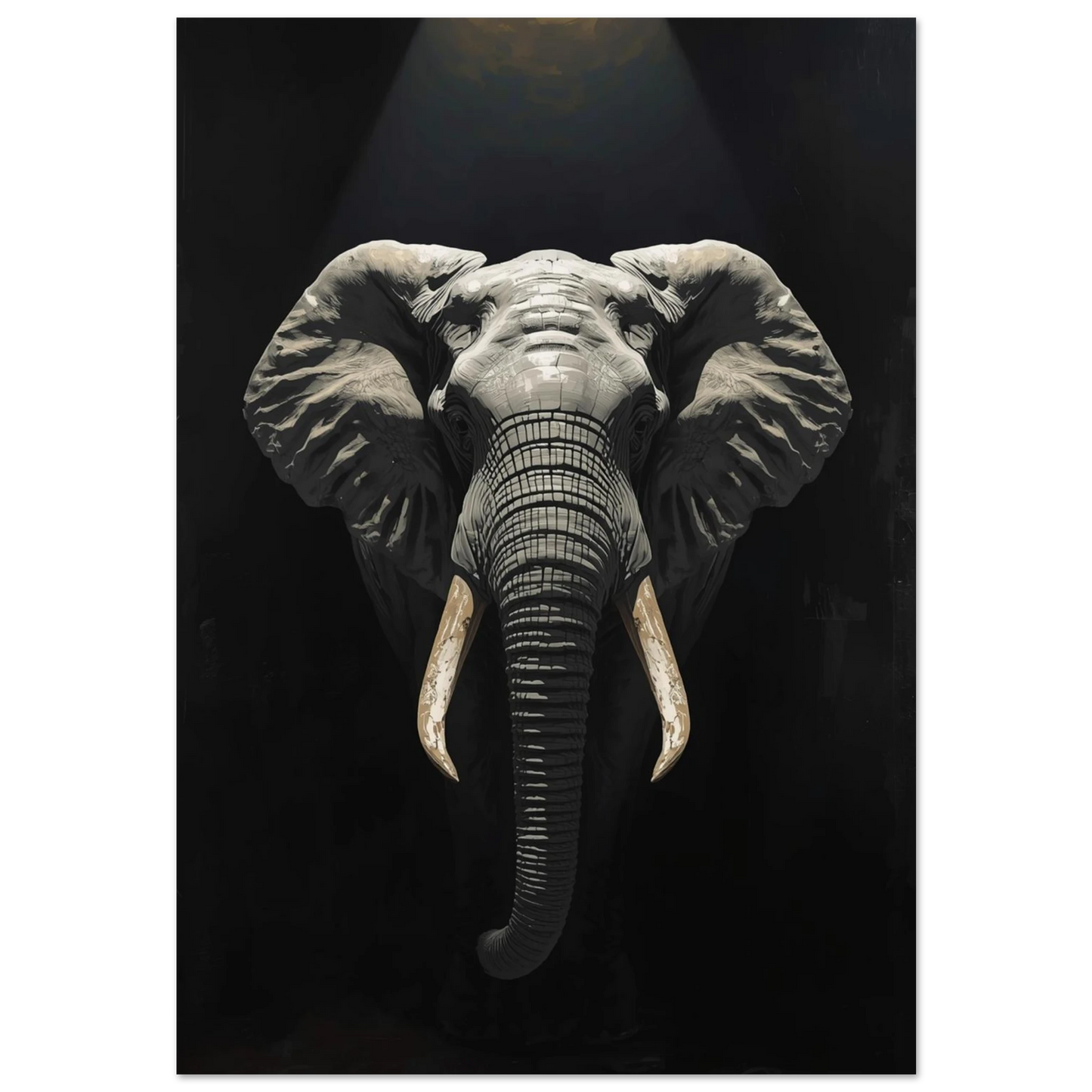 Elefant med stora betar i dramatisk belysning – impasto djurposter