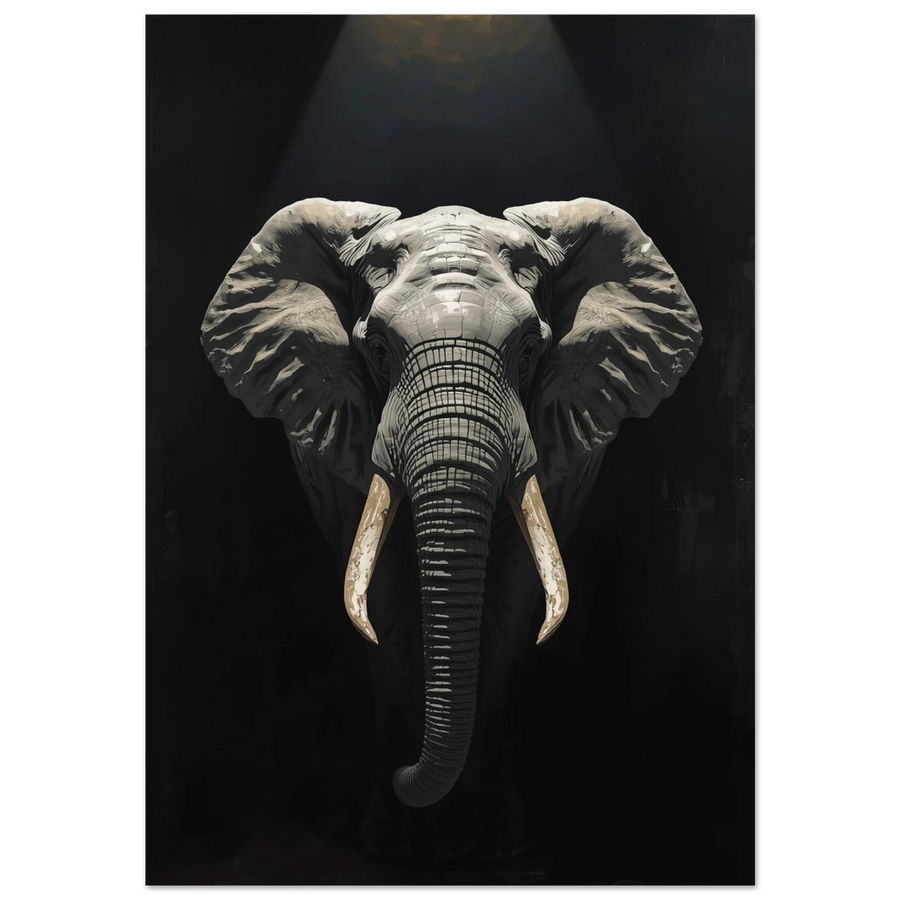 Elefant med stora betar i dramatisk belysning – impasto djurposter