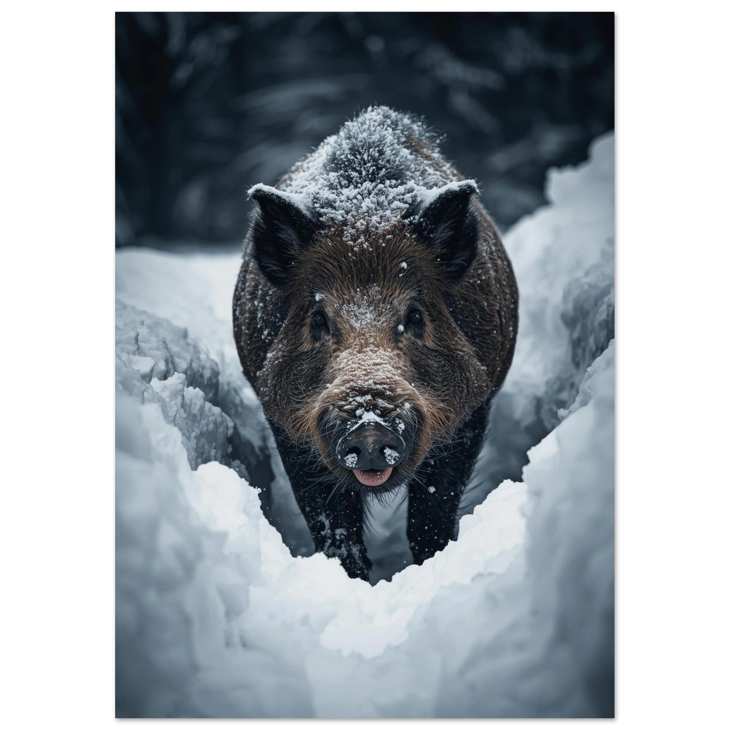 Robust vildsvin i en snöfylld skogsgång, dramatisk naturposter
