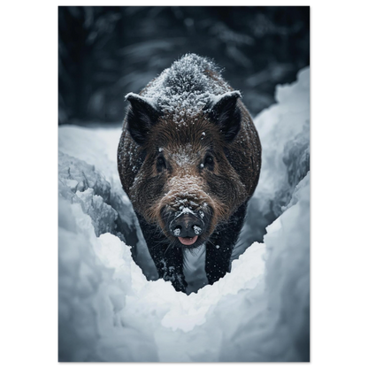 Robust vildsvin i en snöfylld skogsgång, dramatisk naturposter