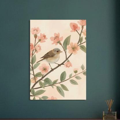 Liten småfågel på blommande gren, milda färger, lugn stämning
