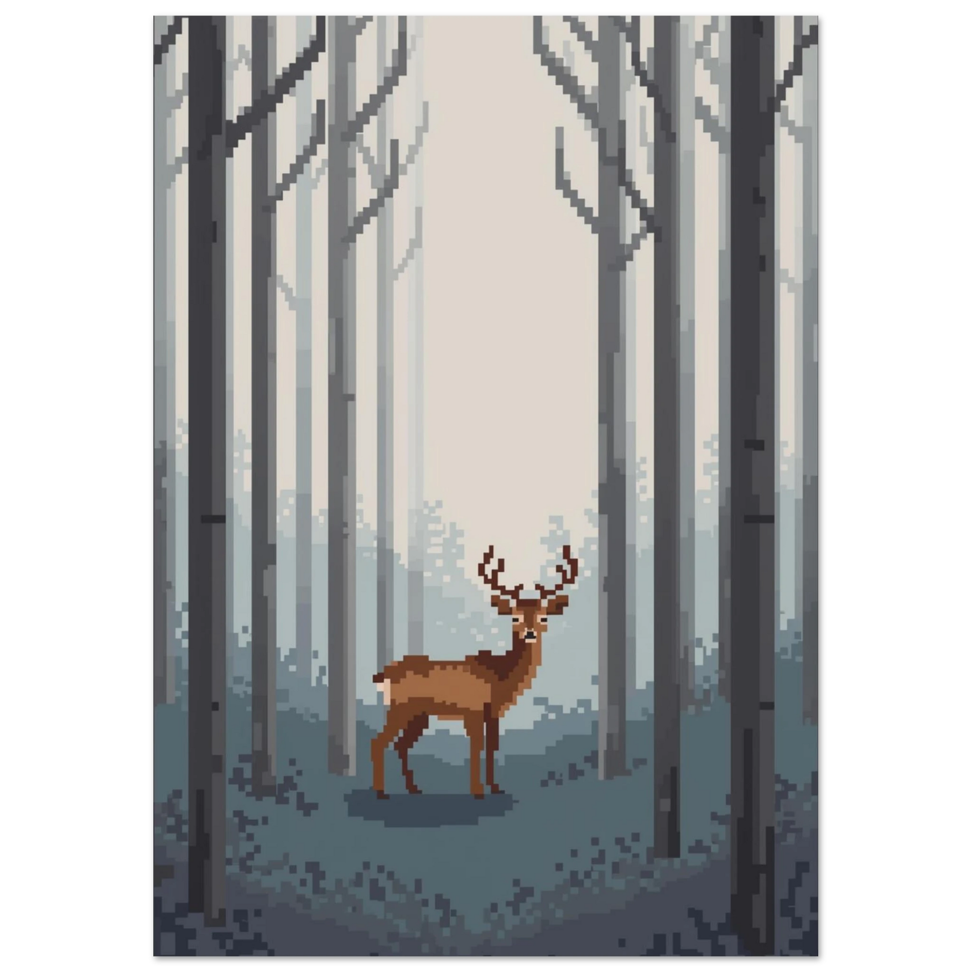 Digital illustration av hjort i dimhöljd skog, pixelart – unik tavla