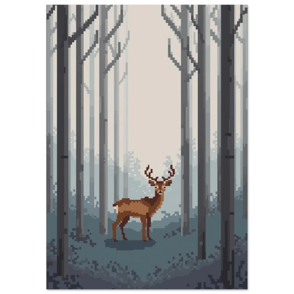 Digital illustration av hjort i dimhöljd skog, pixelart – unik tavla