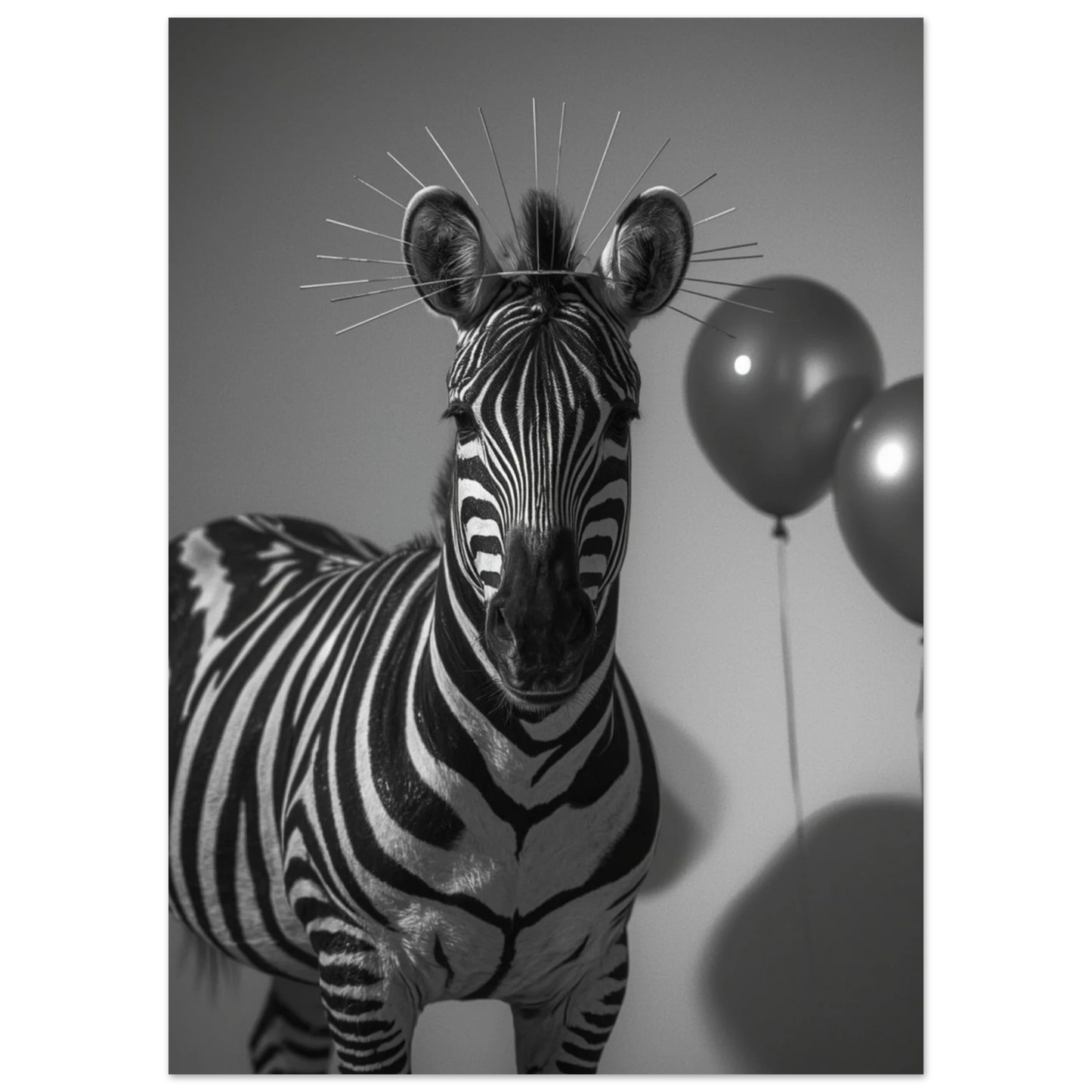 Svartvit zebra med gyllene gloria och röda ballonger, konstnärligt djurmotiv