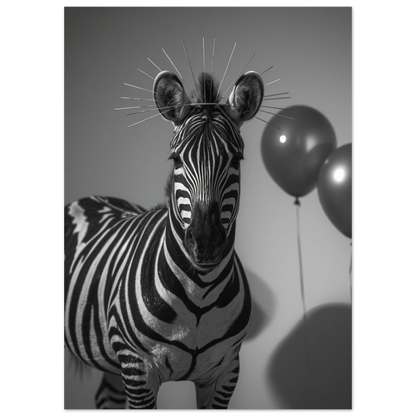 Svartvit zebra med gyllene gloria och röda ballonger, konstnärligt djurmotiv