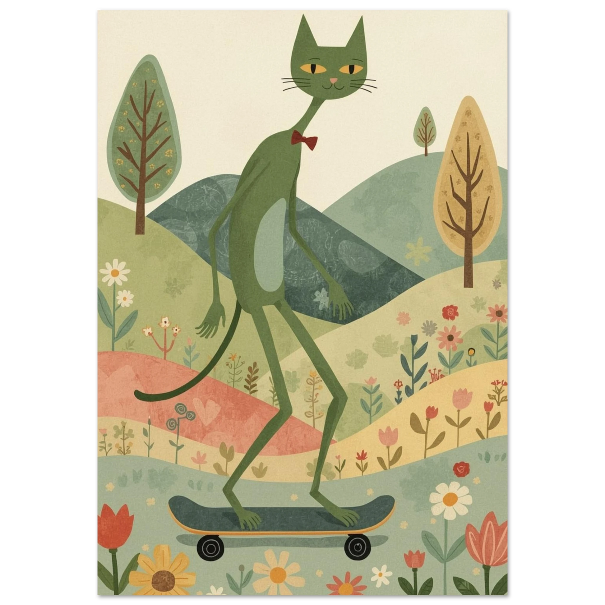 Grön katt med fluga åker skateboard genom ett blommigt landskap – Retro poster