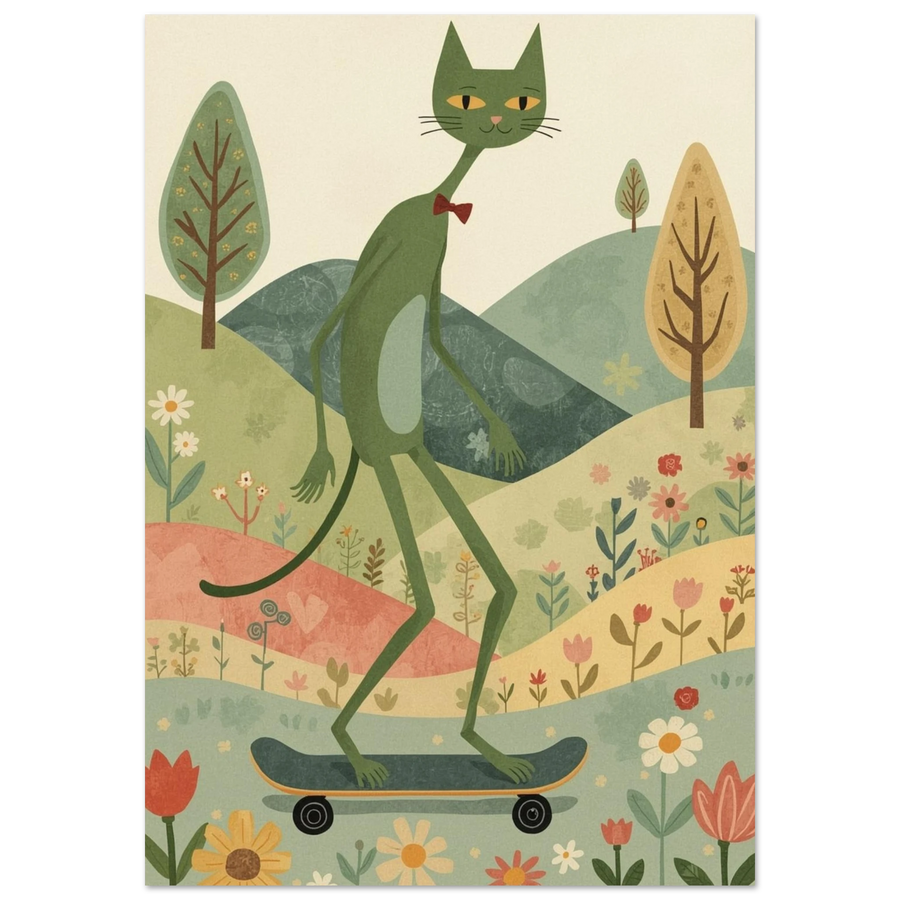 Grön katt med fluga åker skateboard genom ett blommigt landskap – Retro poster