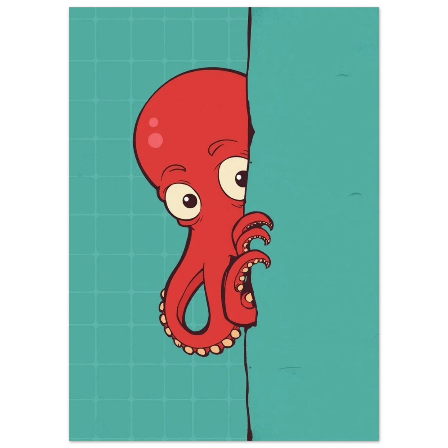 Illustration av röd bläckfisk med stora ögon mot turkos bakgrund