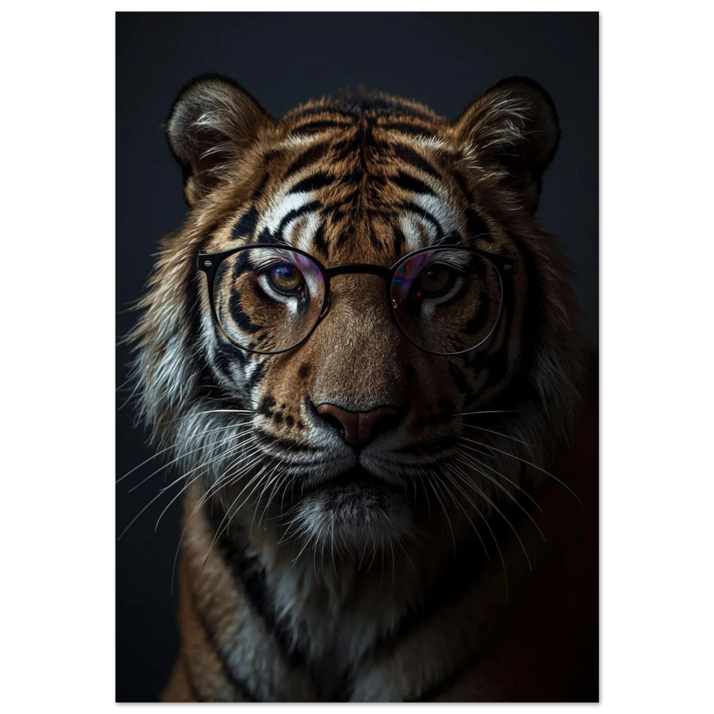 Fotorealistisk tiger med svarta glasögon mot mörk bakgrund, karaktärsfull djurposter