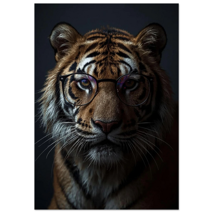 Fotorealistisk tiger med svarta glasögon mot mörk bakgrund, karaktärsfull djurposter