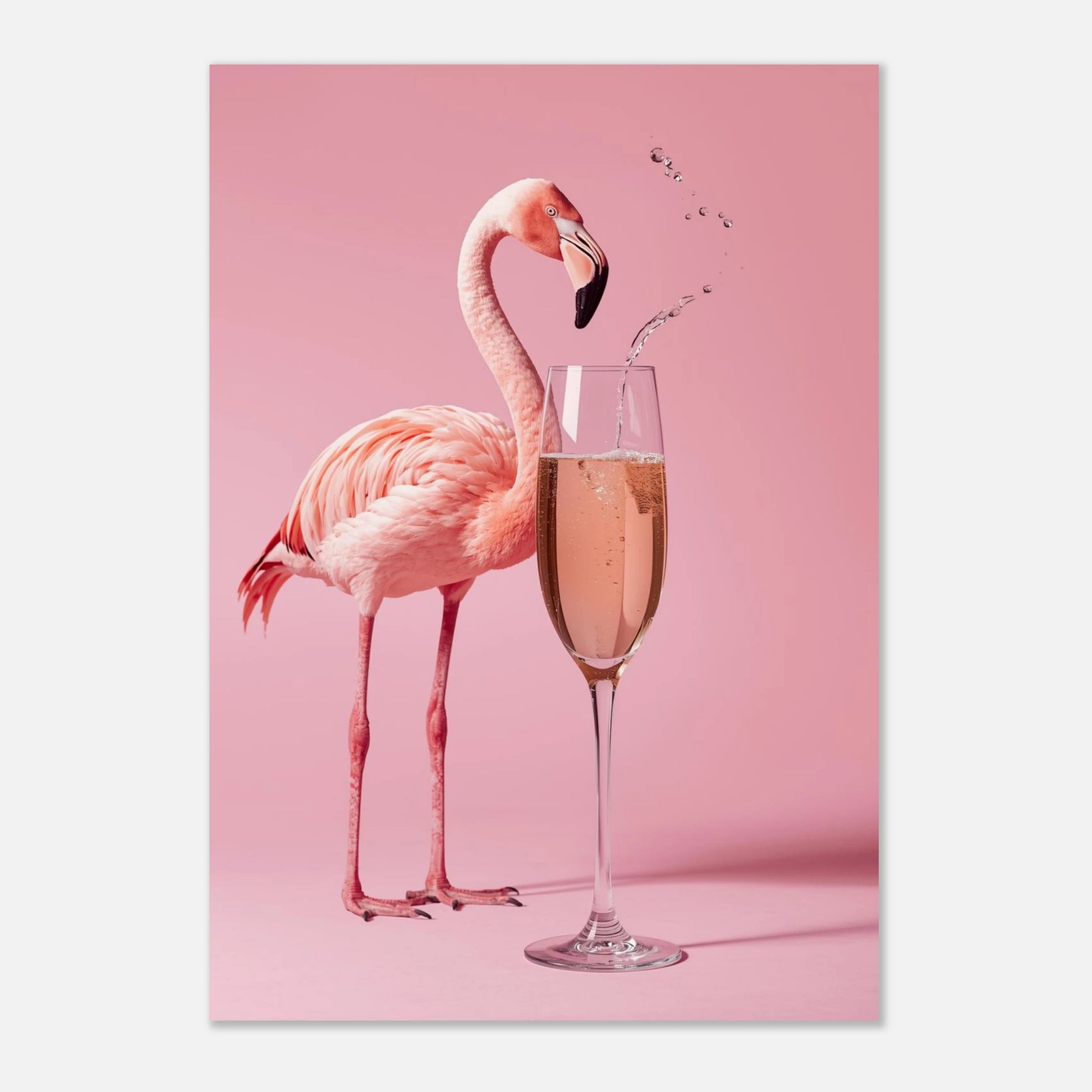 Fotorealistisk flamingo med ett glas rosébubbel på ljusrosa bakgrund, djurprint