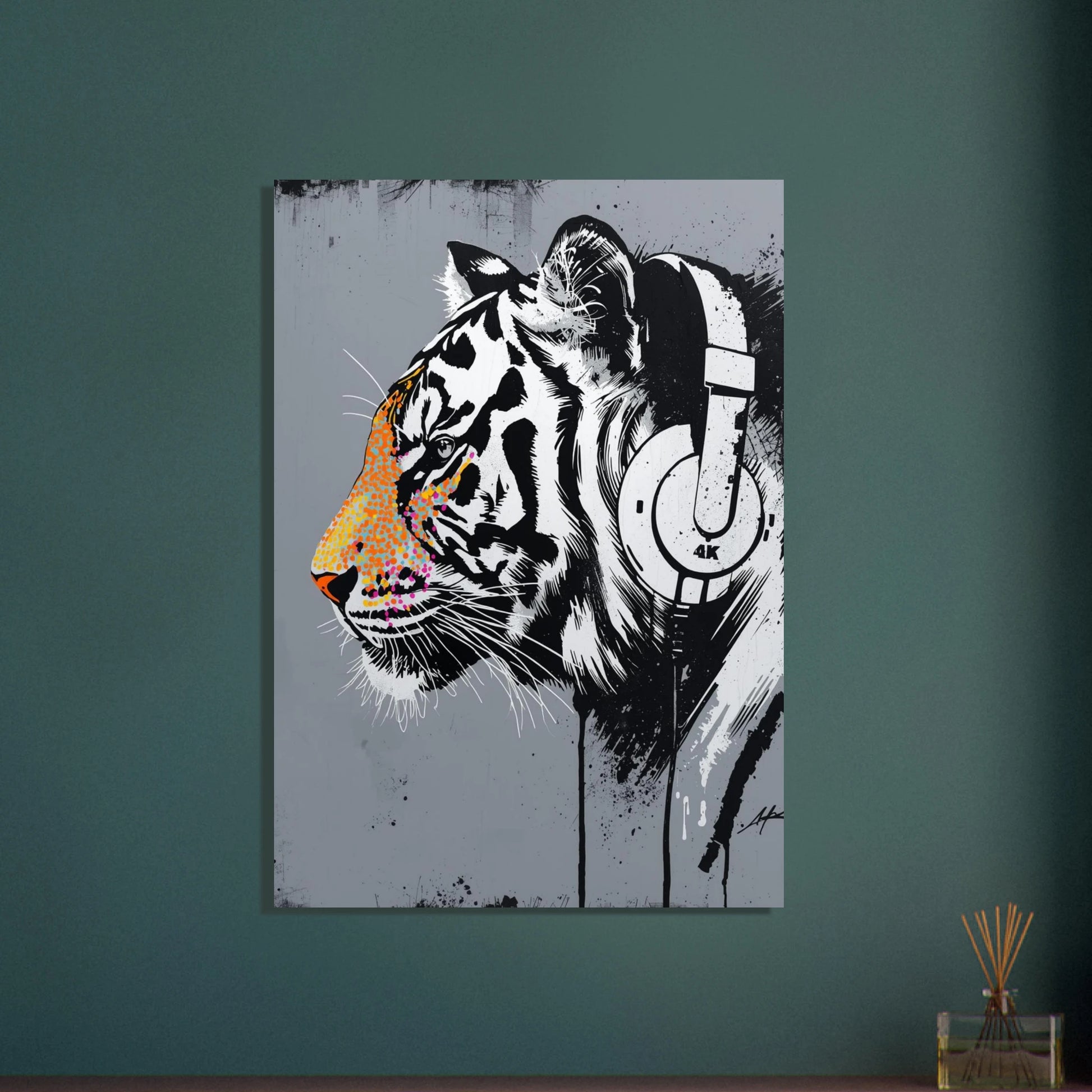 Urban street art tiger med hörlurar, svartvit med färgglada stänk