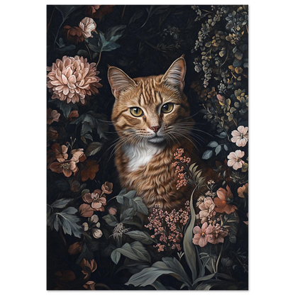 Kattmotiv med dämpade jordtoner och persikofärgade blommor, botanisk tavla