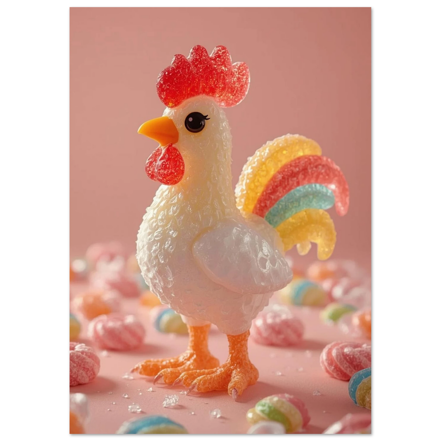 Lekfull 3D-illustration av en tupp omgiven av glittrande godisbitar