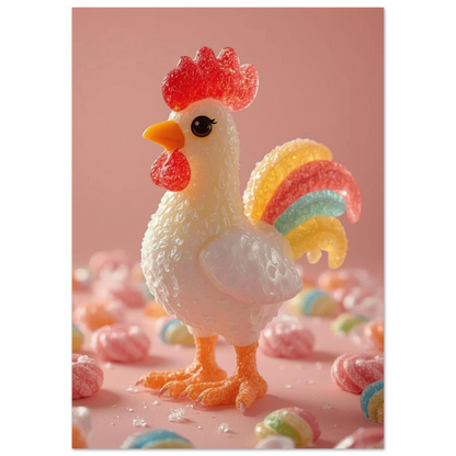 Lekfull 3D-illustration av en tupp omgiven av glittrande godisbitar