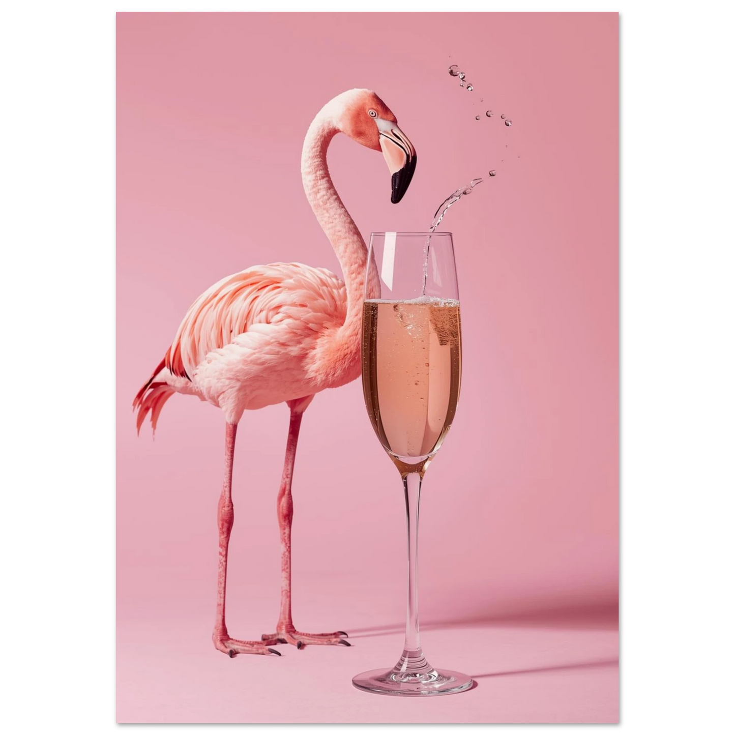 Lekfullt djurmotiv med flamingo och champagneglas, modern väggkonst i rosa toner